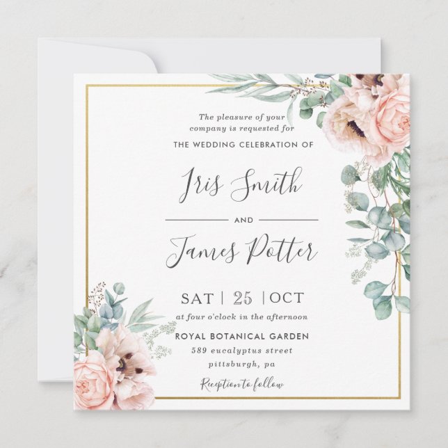 Rustic Blush Pink Floral Eucalyptus Gold Wedding Invitation (Front)