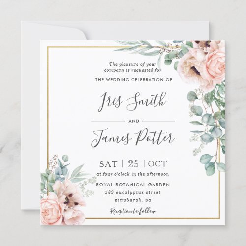 Rustic Blush Pink Floral Eucalyptus Gold Wedding Invitation