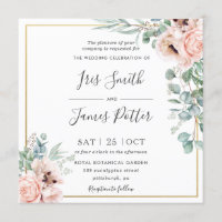 Rustic Blush Pink Floral Eucalyptus Gold Wedding Invitation