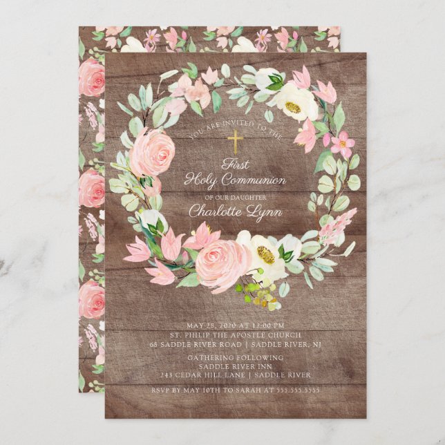 Rustic Blush Pink Floral First Communion Invitation (Front/Back)