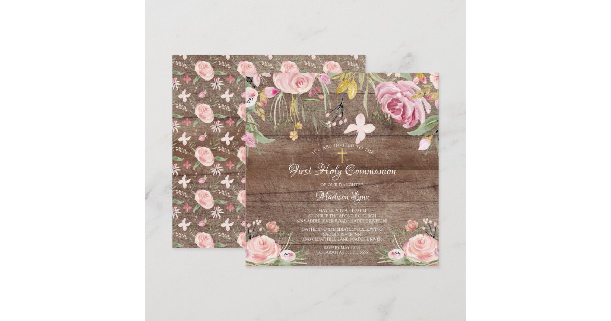 Rustic Blush Pink Floral First Holy Communion Invitation | Zazzle