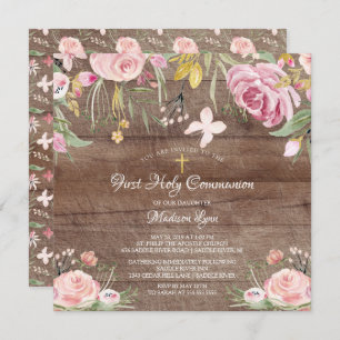 Rustic Blush Pink Floral First Holy Communion Invitation