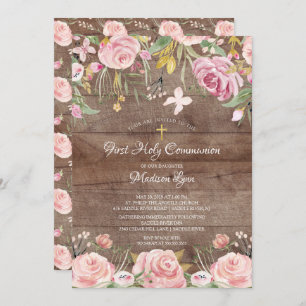 Rustic Blush Pink Floral First Holy Communion Invitation