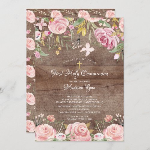 Rustic Blush Pink Floral First Holy Communion Invitation