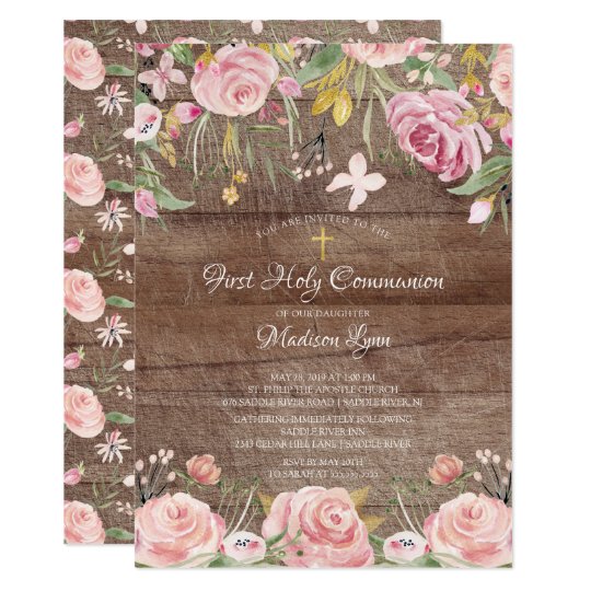 Rustic Blush Pink Floral First Holy Communion Invitation | Zazzle.com