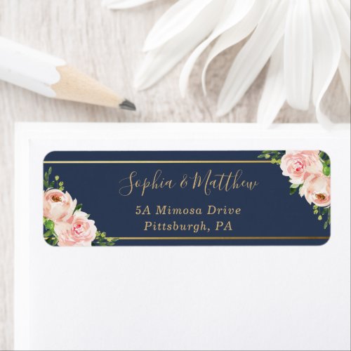 Rustic Blush Pink Floral Flowers Navy Gold Wedding Label