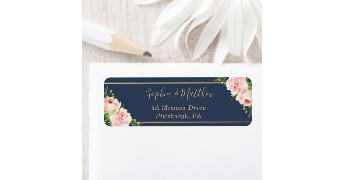 Rustic Blush Pink Floral Flowers Navy Gold Wedding Label | Zazzle