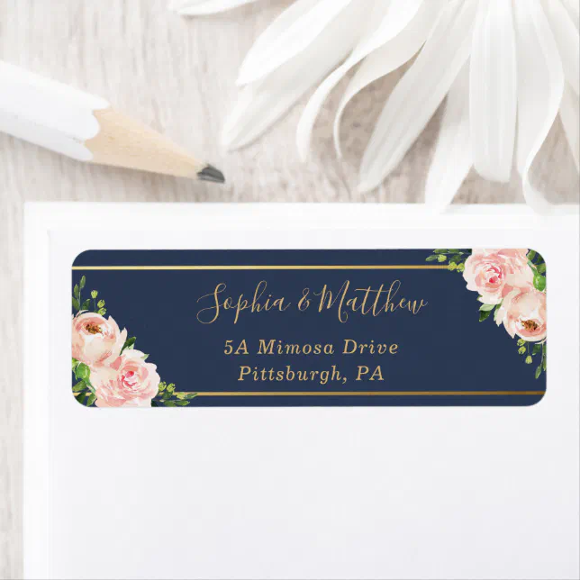 Rustic Blush Pink Floral Flowers Navy Gold Wedding Label | Zazzle