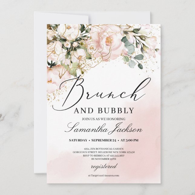 Rustic blush pink floral gold brunch and bubbly invitation (Front)