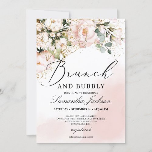 Rustic blush pink floral gold brunch and bubbly invitation