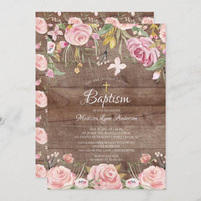 Rustic Blush Pink Floral Gold Cross Baptism Invitation (Front/Back)