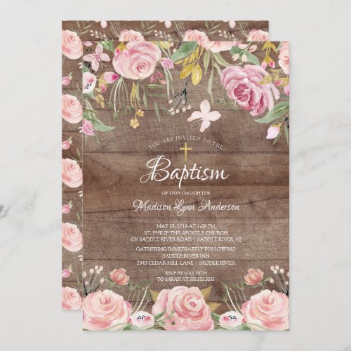 Rustic Blush Pink Floral Gold Cross Baptism Invitation