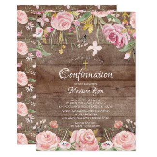 Rustic Blush Pink Floral & Gold Cross Confirmation Invitation