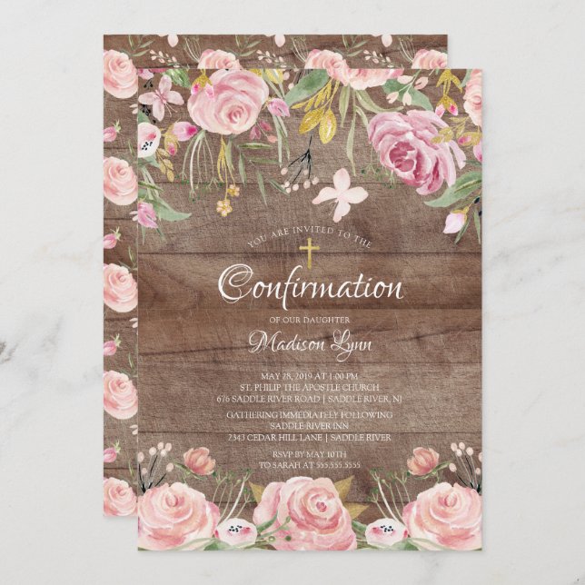 Rustic Blush Pink Floral & Gold Cross Confirmation Invitation (Front/Back)