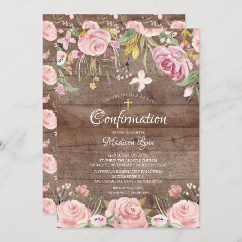 Rustic Blush Pink Floral  Gold Cross Confirmation Invitation