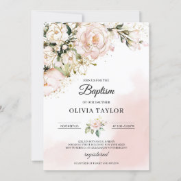 Rustic blush pink floral gold flowers boho baptism invitation