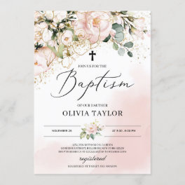 Rustic blush pink floral gold flowers boho baptism invitation