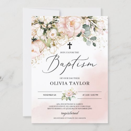 Rustic blush pink floral gold flowers boho baptism invitation