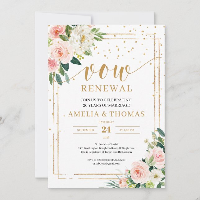 Rustic blush pink floral gold frame vow renewal invitation (Front)