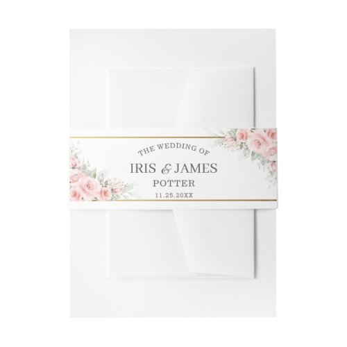 Rustic Blush Pink Floral Gold Greenery Wedding Invitation Belly Band