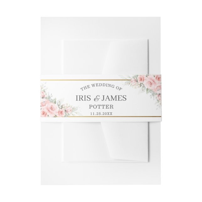 Rustic Blush Pink Floral Gold Greenery Wedding Invitation Belly Band (Front Example)