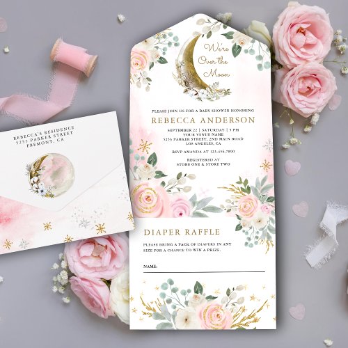 Rustic Blush Pink Floral Gold Moon Baby Shower All In One Invitation