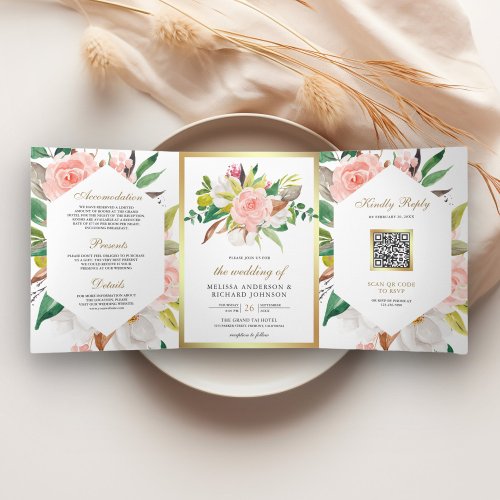 Rustic Blush Pink Floral Gold QR Code Wedding Tri_Fold Invitation