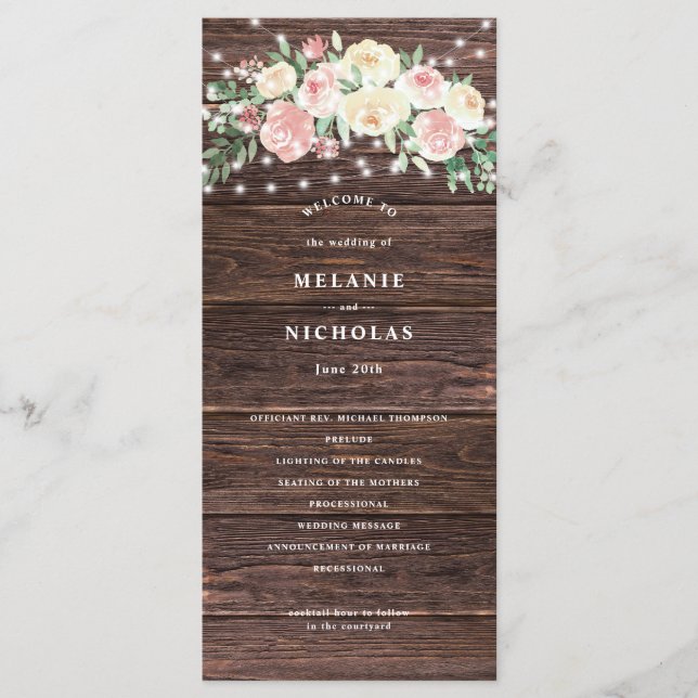 Rustic Blush Pink Floral Lights Wedding Program (Front)