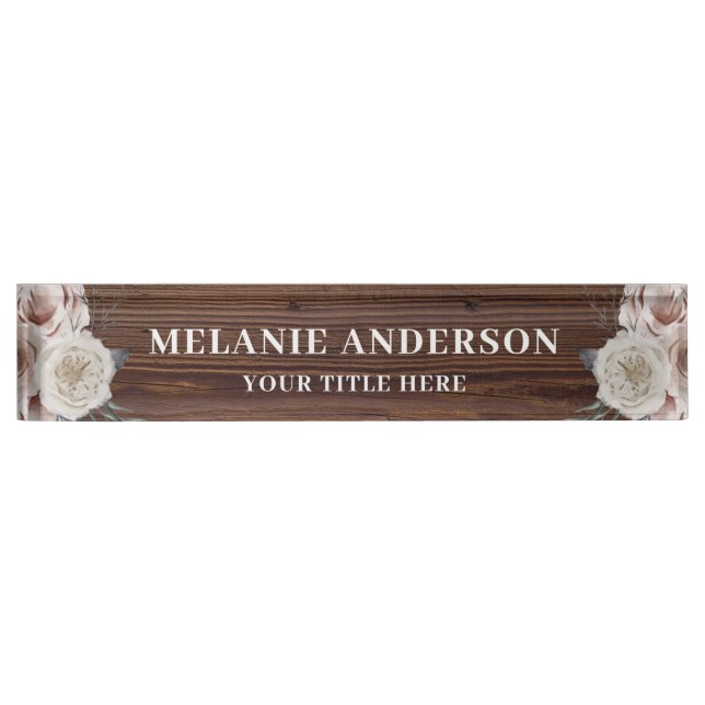 Rustic Blush Pink Floral on Dark Wood Teachers Desk Name Plate (Front)