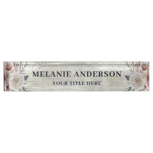 Rustic Blush Pink Floral on Driftwood Teachers Desk Name Plate
