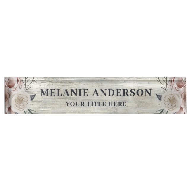 Rustic Blush Pink Floral on Driftwood Teacher's Desk Name Plate (Front)