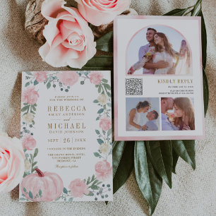 Rustic Blush Pink Floral Pumpkin QR Code Wedding Invitation
