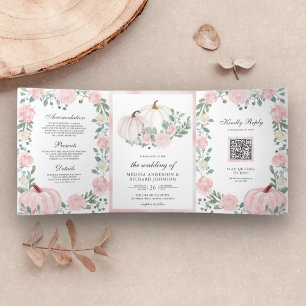 Rustic Blush Pink Floral Pumpkin QR Code Wedding Tri-Fold Invitation