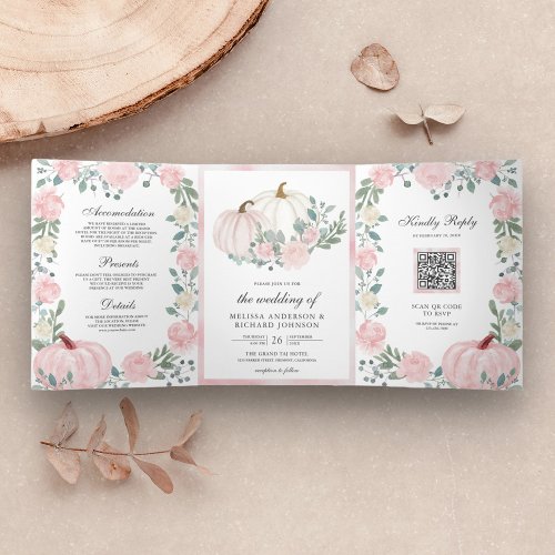 Rustic Blush Pink Floral Pumpkin QR Code Wedding Tri_Fold Invitation