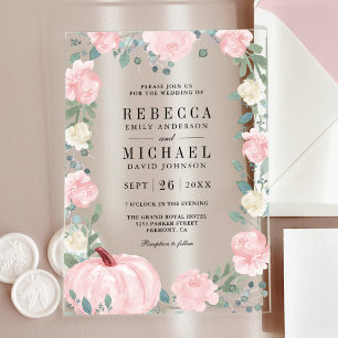 Rustic Blush Pink Floral Pumpkin Wedding Acrylic Invitations