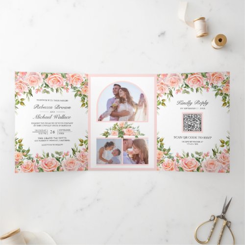 Rustic Blush Pink Floral QR Code Wedding Tri_Fold Invitation