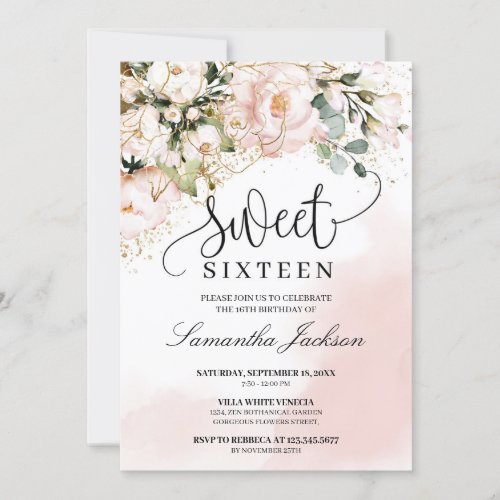 Rustic blush pink floral rose gold sweet sixteen invitation