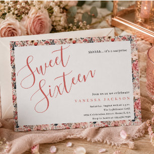 Rustic blush pink floral rose gold sweet sixteen invitation