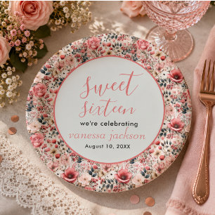 Rustic blush pink floral rose gold sweet sixteen paper plates