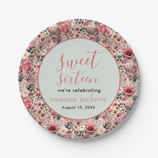 Rustic blush pink floral rose gold sweet sixteen paper plates (Front)