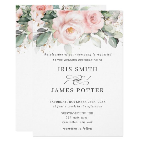 Rustic Blush Pink Floral Roses Greenery Wedding Invitation | Zazzle.com