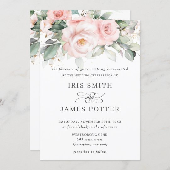 Rustic Blush Pink Floral Roses Greenery Wedding Invitation | Zazzle.com