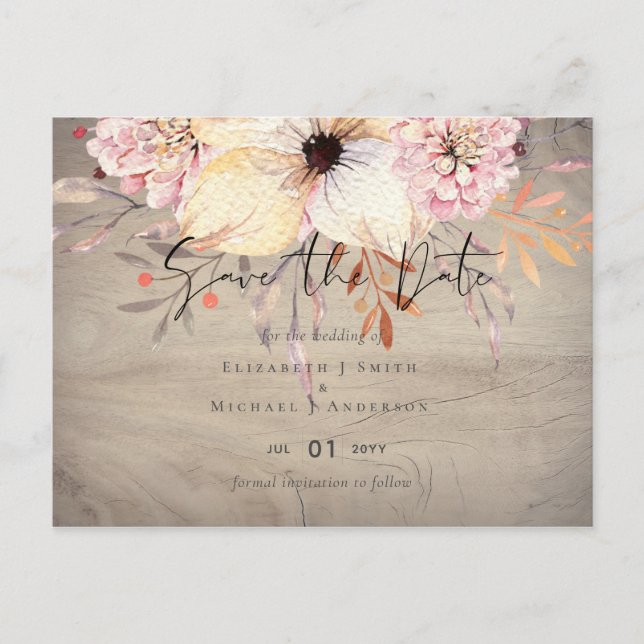 Rustic Blush Pink Floral Sage Wedding Save Dates Postcard (Front)