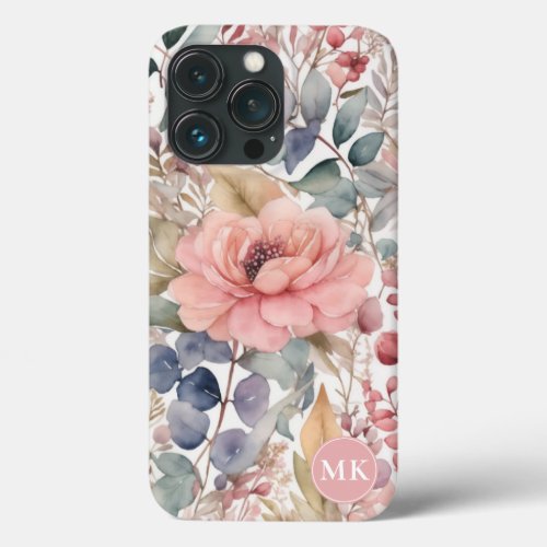 Rustic Blush Pink Floral Watercolor Monogram iPhone 13 Pro Case