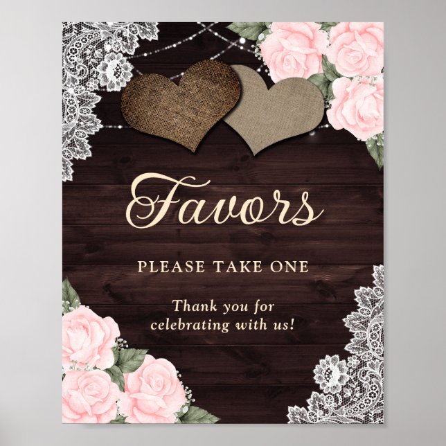 Rustic Blush Pink Floral Wedding Favor Sign (Front)