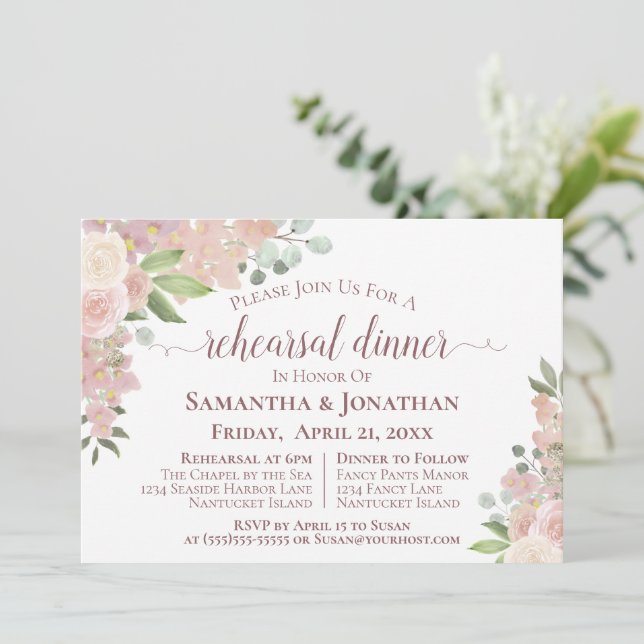 Rustic Blush Pink Floral Wedding Rehearsal Dinner Invitation (Standing Front)