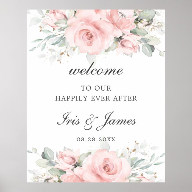 Rustic Blush Pink Floral Wedding Welcome Sign (Front)