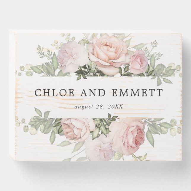 Rustic Blush Pink Floral Wedding Wooden Box Sign (Front Horizontal)