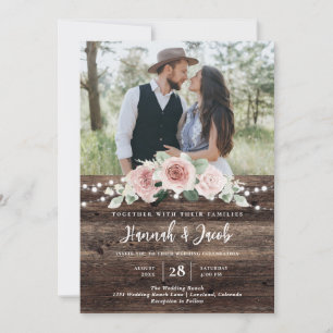 Rustic Blush Pink Floral Wood String Light Wedding Invitation