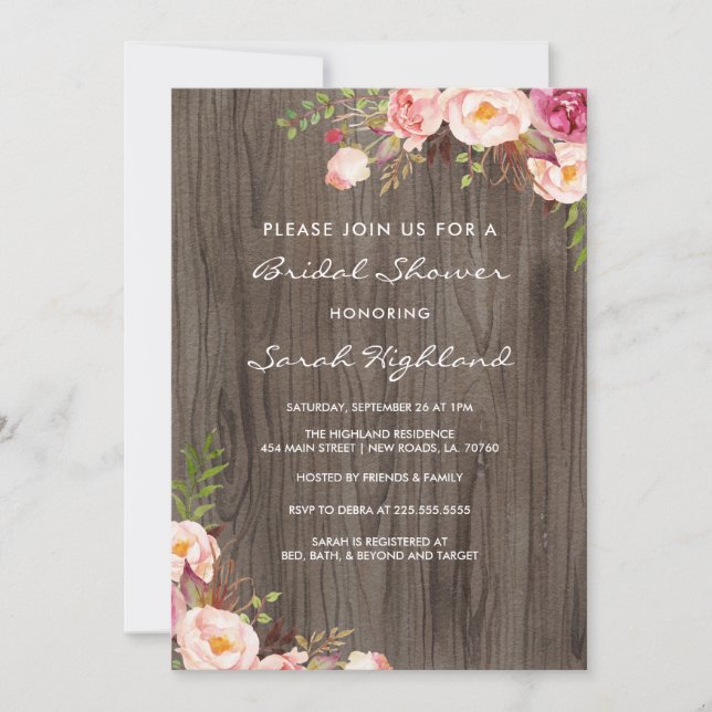Rustic Blush Pink Flowers Bridal Shower Invitation (Front)
